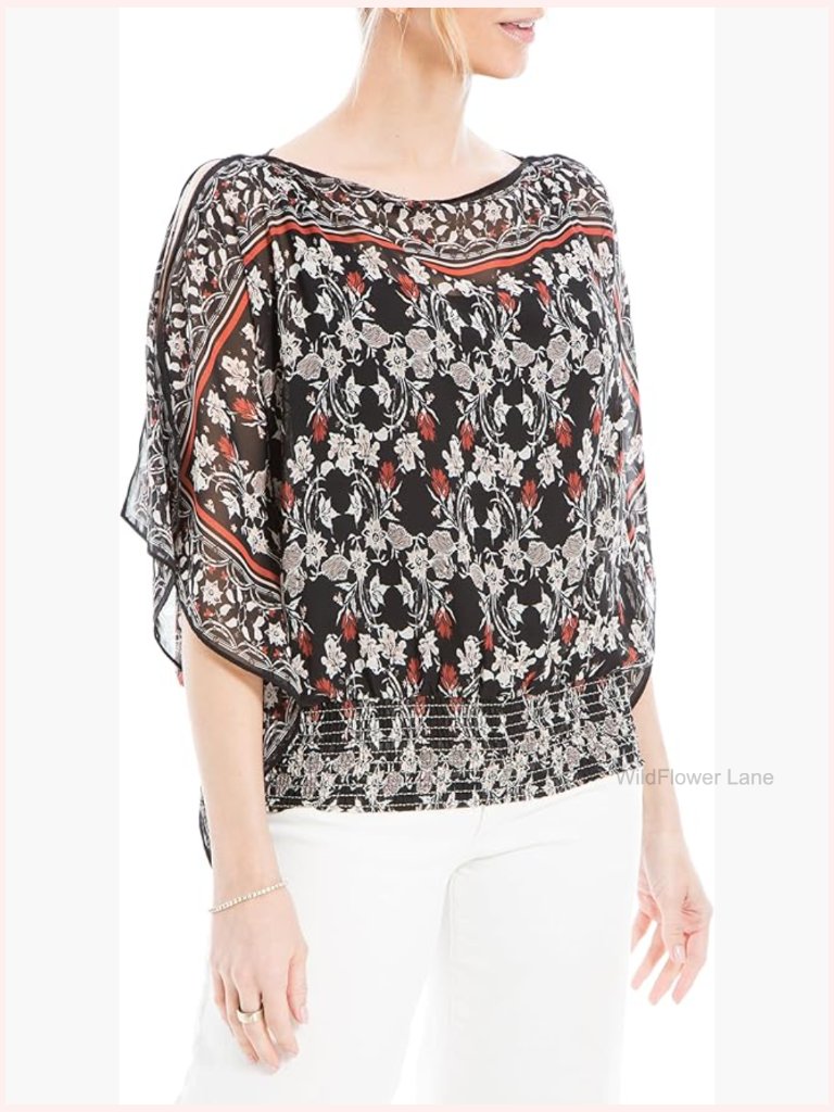 Georgette Split Sleeve Poncho Blouse Floral Peasant Top